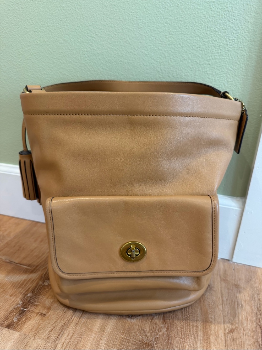 Coach Tan Leather Bucket Shoulder Bag with Front Turn-Lock Pocket